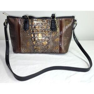 Brahmin Gold Brown Croc Embossed Leather Satchel Crossbody Handbag Double Handle
